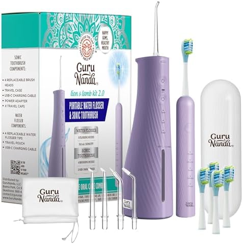 GuruNanda Lion & Lamb Kit 2.0, Electric Toothbrush with Water Flosser Combo, 4 Jet Tips, 4 Brush Heads, & IPX7 Waterproof Design for Complete Oral Care, Lavender
