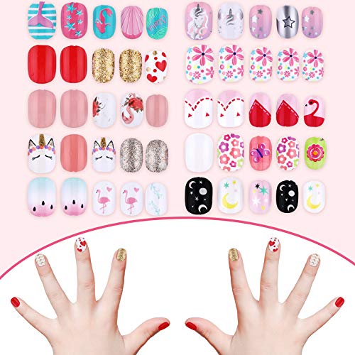 240 Pieces False Nails Kids Press on Short Artificial Fake Nails Cute Pre Glue Full Cover Acrylic Nail Tip Kit for Children Little Girls Nail Decoration, 10 Boxes (Pink Flower)