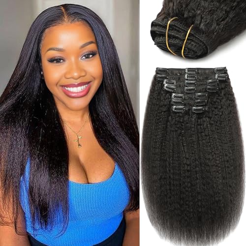 20 Inch Clip In Hair Extensions Real Human Hair Yaki Straight Clip Ins Hair Extensions For Women Invisible & Scalp-Friendly Kinky Straight Human Hair Clip In Extensions 120g 8pcs Natural Black