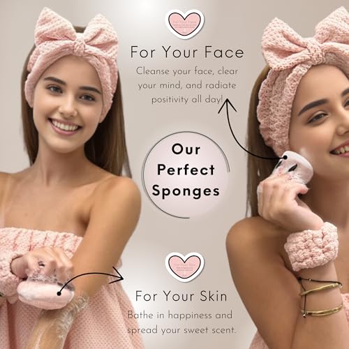 Happy Lolli Power Shower Gift Set – College Essential Bath Accessories for Women and Teen Girls – Includes Body Towel, Hair Towel, Wrist Bands, Headband, Face Sponge and More (Fresh in Pink)