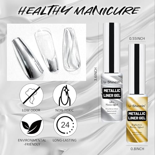 2x12ml Metallic Mirror Nail Polish, Ultra Mirror Silver & Gold Metal Painted Drawing with Thin Brush, Chrome Gel Polish Nail Art Gel Liner Soak Off DIY