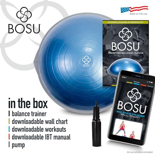 Bosu Pro Multifunctional Home Gym 26 Inch Full Body Strength Trainer Ball Balance Board Equipment with Guided Workouts and Pump, Blue