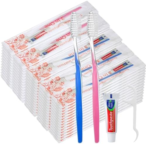 200 Sets Bulk Disposable Toothbrushes Toothpaste Floss Individually Wrapped Dental Floss Pick Kit Homeless Hygiene Kit Bulk Homeless Care Package Supplies for Travel Hotel (Light Blue Pink)
