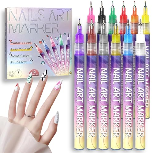12 Colors Nail Art Pens Set 3D Nail Polish Pens Graffiti Dotting Pen Acrylic Paint Pens Point Liner Pen Drawing Painting for Nails Art Design Manicure Nail DIY Decoration