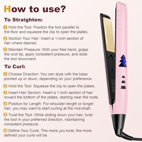 1 Inch Hair Straightener, Flat Iron Straightener & Curler 2 in 1, Rapid 15-Second Heat-Up Titanium Ceramic Ionic Dual Voltage Straightener for Less Frizz, Shines and Smooth, Styling Tools (Pink)