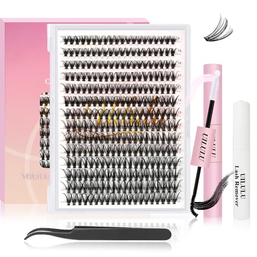 UILULU DIY Lash Extension Kit 280pcs Individual Lashes Clusters D Curl Lash Clusters, Lash Kit with Lash Bond and Seal, Remover, Lash Tweezers (30D-0.07D-9-16MM Kit)