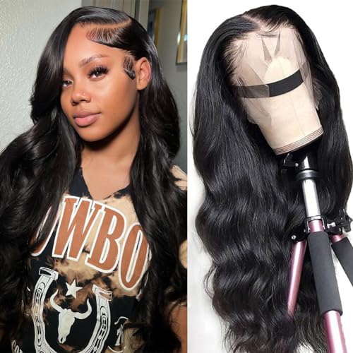 13x4 Body Wave Lace Front Wigs Human Hair Pre Plucked HD Transparent Lace Frontal Wig with Baby Hair 180% Density 9A Glueless Brazilian Virgin Human Hair Lace Front Wigs for Women Natural Black 22Inch