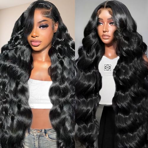 32 Inch Real Human Hair Wigs 200 Density 13x6 Body Wave Lace Front Wigs Human Hair Pre Plucked HD Transparent Lace Frontal Wigs Natural Black Glueless Wig