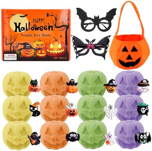 12 Piece Halloween Bath Bombs with Toys Inside for Kids, Bath Bombs for Kids with Surprise Inside, Kids Bath Bombs Party Favors for Kids with Halloween Treat Bag and Halloween Mask…