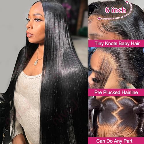 13x6 Lace Front Wigs Human Hair 200 Density Straight 13x6 HD Transparent Lace Frontal Glueless Wig Bralizian Human Hair Tiny Knots Natural Hairline with BabyHair (1B Black, 30 Inch)