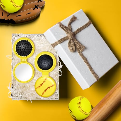 12 Pcs Softball Mini Detangler Brush, Folding Mirror Hair Brushes, Mini Travel Hair Brush, No Tangle Soft Flexible Bristles for Straight, Curly, Thick Hair for Softball Team Gift Sport Party