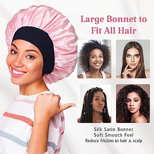 2pcs Double Layer Two-Color Satin Silk Hair Bonnet for Sleeping Women, Reversible Sleep Bonnets for Women, Wide Band Sleep Cap for Curly Hair Braids