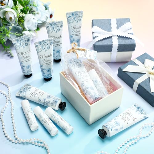 48 Sets 192 Pcs Blue Flower Baby Bridal Shower Hand Cream and Lip Balm Baby Shower Gifts for Guests Bridal Wedding Party Favor Bulk with Thank You Card Organza Bags Travel Size for Wedding