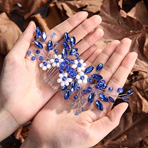 JAKAWIN Bride Wedding Hair Comb Pearl Flower Hair Piece Rhinestone Bridal Hair Accessories for Women HC034 (Blue)