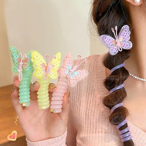 10Pcs Embroidered Butterfly Headband Spiral Hair Ties No Damage,Colorful Butterfly Telephone Wire Hair Bands for Kid Cute Butterfly Ponytail Holders Headbands Telephone Cord Hair Ties Hair Accessories