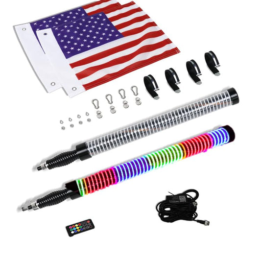 JXOFROAD 2PC COB Fat Whip Lights with Reverse &Turning & Brake light ，Remote & App Smart Control，Spiral RGB Chasing LED for Polaris RZR, Can-Am Maverick X3, Universal Fit for SXS, UTV, ATV, Boat (2FT)