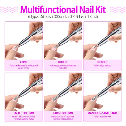 Bestidy Best Gift Electric Nail Drill Kit, USB Manicure Pen Sander Polisher with 6 Pieces Changeable Drills and Sand Bands for Exfoliating, Polishing, Nail Removing, Acrylic Nail Tools (B-Black)