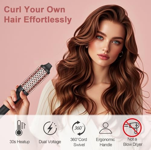 hopopower 1.25/1.5 Inch Curling Iron Brush Ceramic Double PTC Heated Round Hair Curling Comb, Tourmaline Ionic Hot Hair Curler Thermal Brush Blowout Dual Voltage for Traveling (1.25inch)
