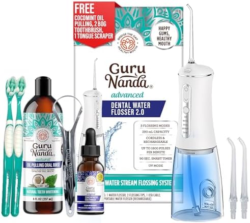 GuruNanda Gums of Steel Kit – Advanced Dental Water Flosser (UV Mode), Concentrated Mouthwash, Cocomint Pulling Oil, Butter on Gums Toothbrush & Tongue Scraper for Happy Gums
