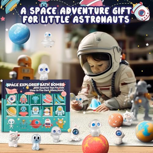 20 Pack Galaxy Bath Bombs for Kids with Space Explorer Toys, Cosmic Adventure Kids Bath Bombs with Astronauts, Rockets, Planets & Glow-in-The-Dark Aliens Inside,End-of-School Year Gifts