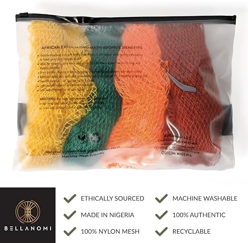4 Piece African Exfoliating Net Sponge Long African Bath Sponge, Authentic Ethically Sourced from Nigeria, Great for Daily Use (Copper Brown, Orange, Green, Yellow)