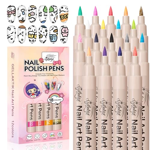 18 Colors Nail Art Pens Set, 3D Nail Polish Pens Quick-Drying Acrylic Paint Markers, Dotting Liner Brush for DIY Nail Design, Home & Salon Manicure Tools