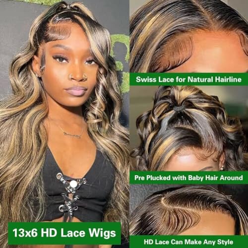 28 Inch 13x6 Balayage Highlight Lace Front Wig Human Hair 13x6 HD Lace Front Wigs Human Hair Body Wave Wig 180% Density FB/27 Colored Frontal Wigs Glueless for Women Ombre
