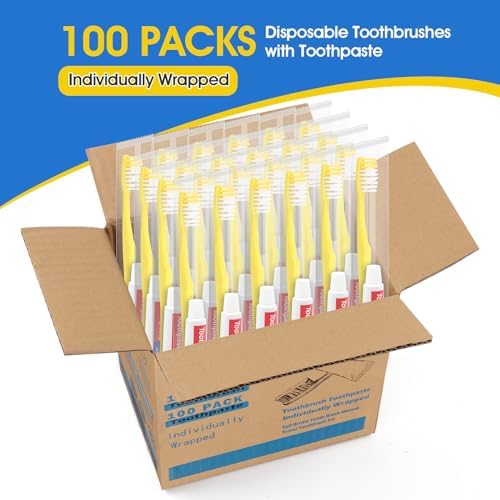 Homvle Disposable Toothbrushes with Toothpaste - 100 Packs Individually Wrapped Travel Toothbrushes Bulk, Medium Soft Bristles, Perfect for Travel Size Toiletries, OCC, Airbnb, Dentist, Office