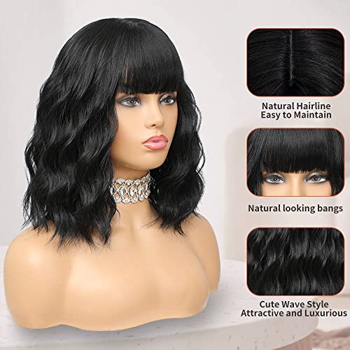 Black Wig with Bangs Wig for Women 12in Short Bob Wavy Curly Wig Natural Black Hair Wigs Heat Resistant Hair Replacement Wigs(12'' Natural Black 1B)