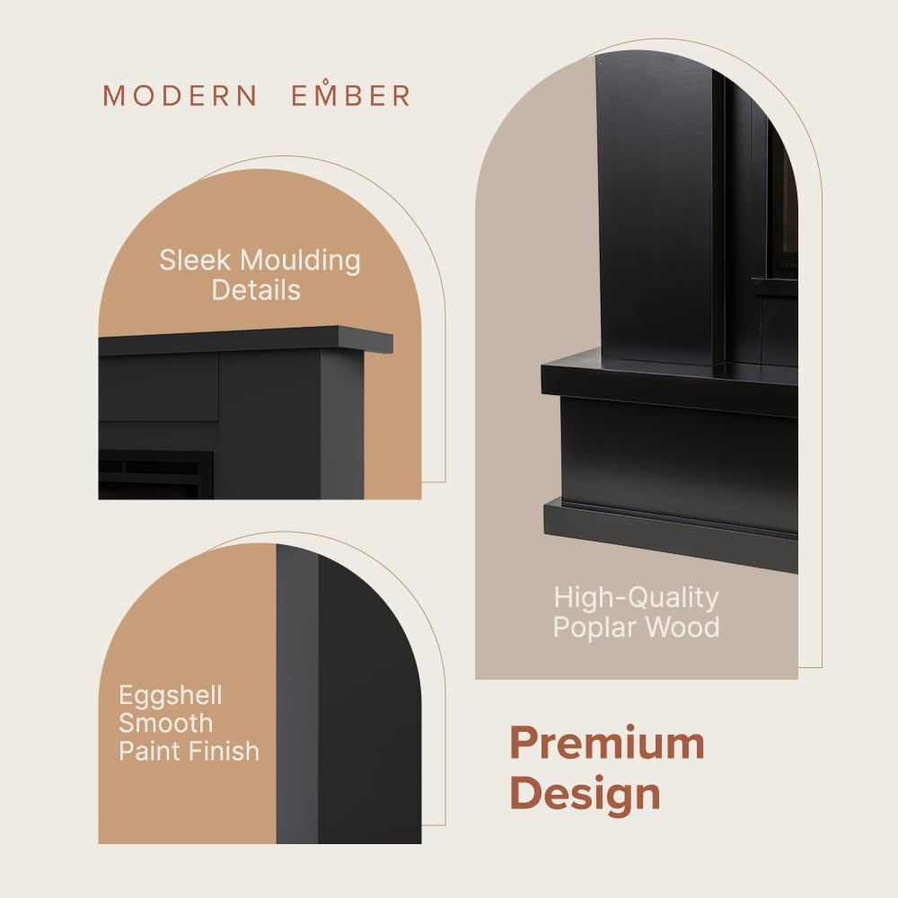 Modern Ember Patton Black Mantel Package 64" W x 42" H with 42 Inch Electric Fireplace - 5 Flame Colors, 10 Ember Bed Colors, Log Kit & Crystal Embers | Alexa/WiFi Enabled