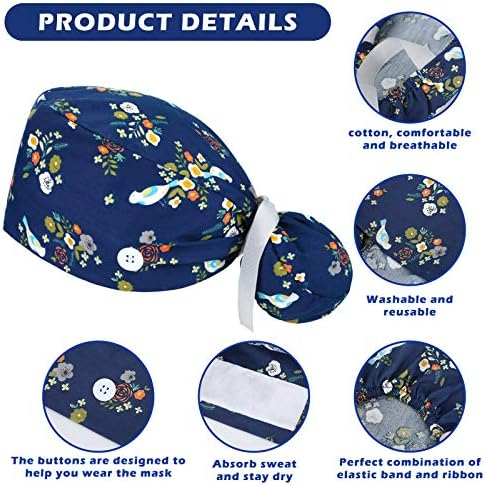Honoson 6 Pcs Scrub Caps Women Nursing Hats with Buttons Adjustable Bouffant Nurse Hats Ponytail Holder Bouffant Turban