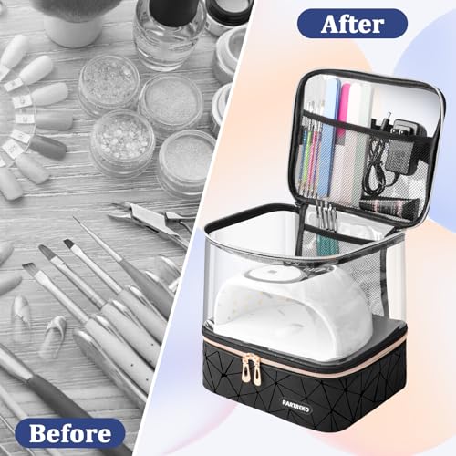 Clear Nail Polish Organizer Holds 30 Bottles (15ml/0.5fl.oz)& Nail Lamp, Double Layer Nail Supplies Organizer Case Transplant, PU Leather Nail kit Storage Bag for Manicure Tools (Black)
