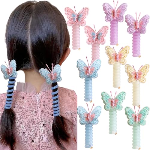 10Pcs Embroidered Butterfly Headband Spiral Hair Ties No Damage,Colorful Butterfly Telephone Wire Hair Bands for Kid Cute Butterfly Ponytail Holders Headbands Telephone Cord Hair Ties Hair Accessories