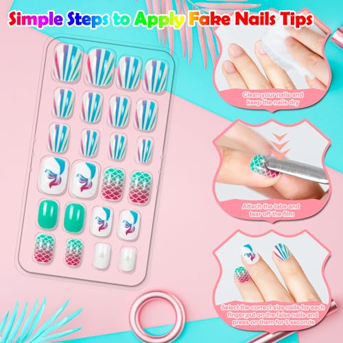 240 Pieces Fake Nails for Kids Girls Artificial Kids Press on Nails Full Cover Short Acrylic Stick On Nails False Nail Tips Kit for Children Little Girls Nail Art Decoration