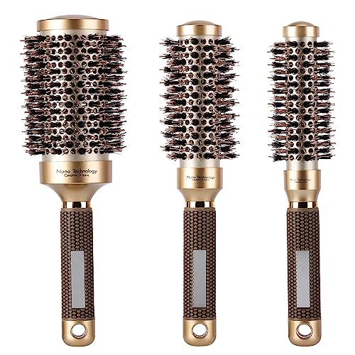 3 Pcs Boar Bristle Round Brush for Blow Drying, Nano Thermal Ceramic and Ionic Tech Hair Brush for Curling and Straightening - Large，Medium and Small Round Brushes