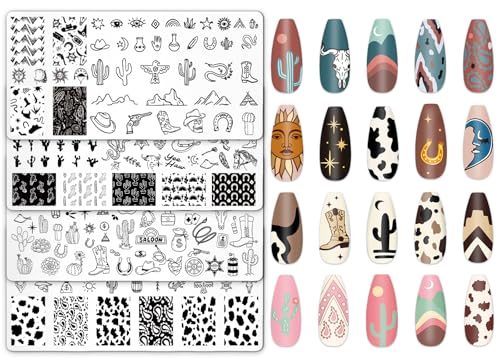 4Pcs Western Nail Plates Stamping Set Cowboy Cowgirl Stamp Templates Nail Art Plates for DIY Print Manicure Salon Design
