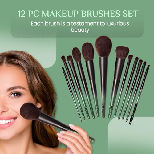 12Pcs Army of Love Camo Green Camouflage Makeup Brush Set Premium Synthetic Blending Powder Concealer Contour Eyeshadow Foundation Lip Highlighter Make Up Brush Kit
