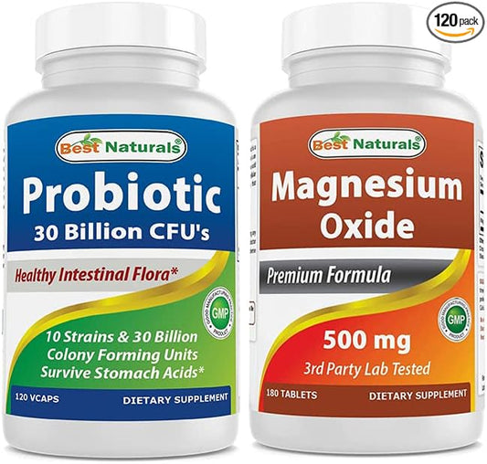 Best Naturals Probiotic 10 Strains & 30 Billion CFU & Magnesium Oxide 500 mg
