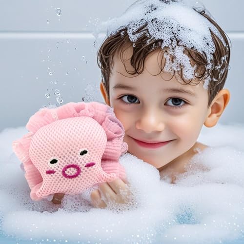2Pack Kids Bath Loofah Sponge, Cute Cartoon Octopus Shape Baby Toddler Shower Exfoliating Body Scrubber Mesh Loofa Sponge for Boys and Girls
