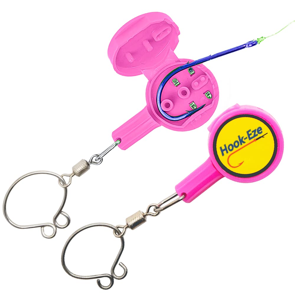 HOOK-EZE Fishing Knot Tying Tool, Two Standard Sized Tools Included - Safety Device & Line Cutter - Multifunctional Fishing Accessories - Covers Fully Rigged Hooks - Pink