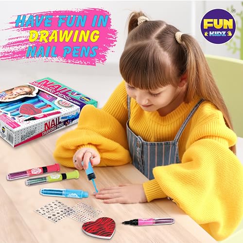 Craft Nail Pens Kit for Kids Ages 7-12, FunKidz Nail Set with Nail Polish Glitter Sticker Temporary Makeup Nails Kit for Girl Teens Party Activities Gifts
