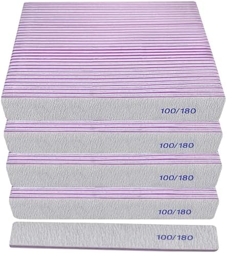 100/180 Grit Nail File (100 Pack), Emery Board Nail Files for Acrylic Nails and Natural Nails, Double Sided Emory Boards Professional Nail Filer Reusable Washable Manicure Square Gray