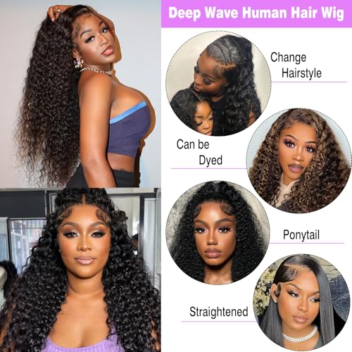 250% Density 13X6 30 Inch Deep Wave Lace Front Wigs Human Hair Curly Wig Wet and Wavy HD Lace Front Wig Pre Plucked Frontal Wigs