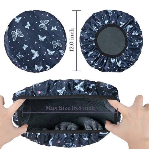 Blue Butterfly Print Satin Shower Cap, Three-Layer Terry Cloth Lined, with Silk Hair Ties, Microfiber Waterproof Reusable Large Size Shower Cap for Women Long Thick Hair