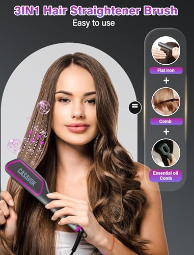 Hair Straightener Brush with Negative Ion,3 IN1 Hair Straightening Brush with Essential Oil Infusion,Brush Straightener for Women,Dual Voltage for Travel, Anti-Scald,9 Digital Temp-Setting