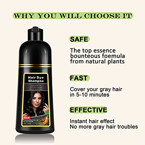 Instant Black Hair Dye Shampoo 3 in 1 for Men Women, Herbal Hair Color Shampoo for Gray Hair Coverage, Natural Champu Para Canas Easy to Use 17.6 FL OZ (Black)