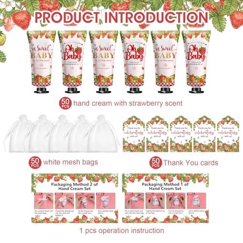 50 Pack Bulk Hand Cream Gifts Sets, Baby Shower Favors and Bridal Shower Favors for Guests with Thank You Card and Organza Gift Bags, Appreciation Gifts, Wedding Party Favors (Strawberry)