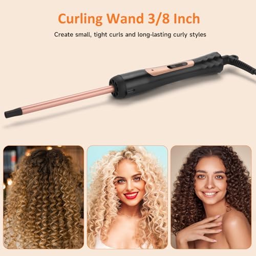 3/8 Inch Curling Wand Iron Small Curling Wand Tight Curls Tourmaline Ceramic Barrel for Short & Long Hair Skinny Wand Curler Styler with Clampless 350°F/410°F Temperature Adjustable