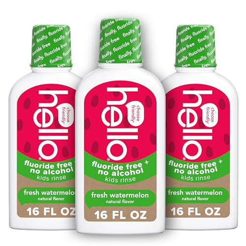 Hello Natural Watermelon Flavor Kids Fluoride Free Rinse, Alcohol Free, Vegan, SLS Free, Mouthwash for Kids Age 6 and Up, 16 Fl Oz (Pack of 3)