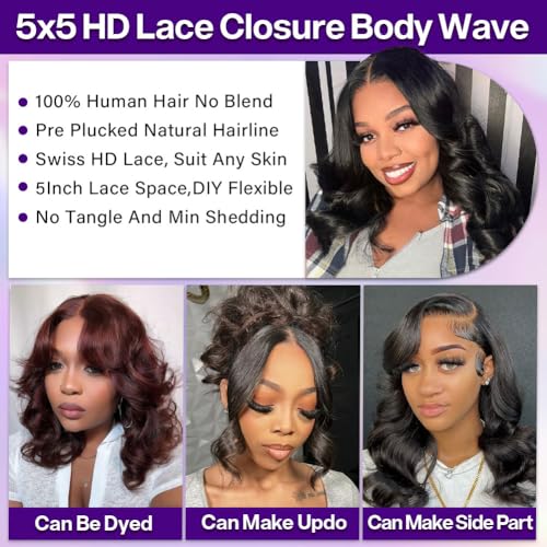 Body Wave BOB Wig Human Hair 5X5 HD Lace Closure Wavy Wigs for Black Women Glueless Wear And Go Wigs Human Hair Pre Plucked Wavy Wig 200 Density Virgin Hair 14 Inch Glueless Body Wave Bob